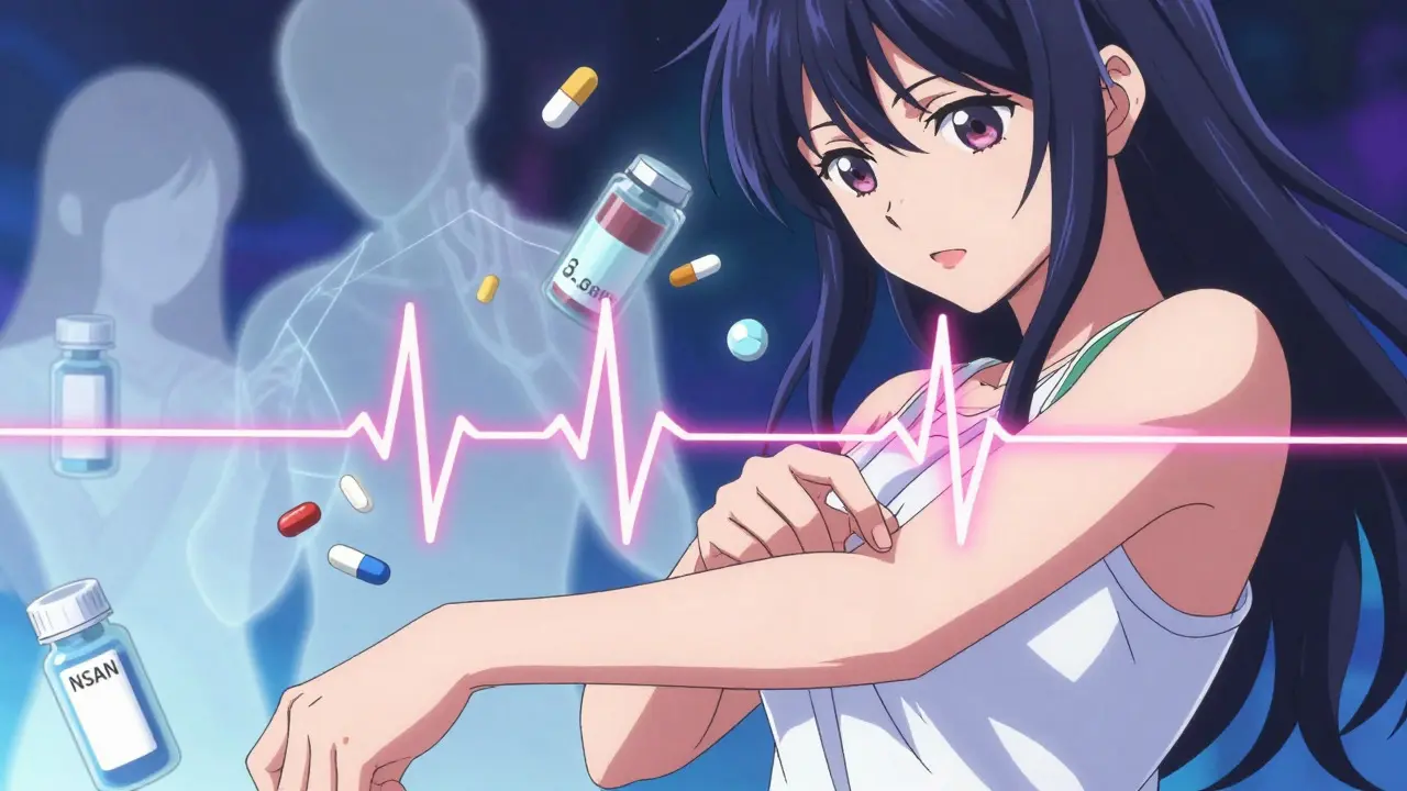 Anime girl checking pulse with visual heartbeat effect and medication ghosts