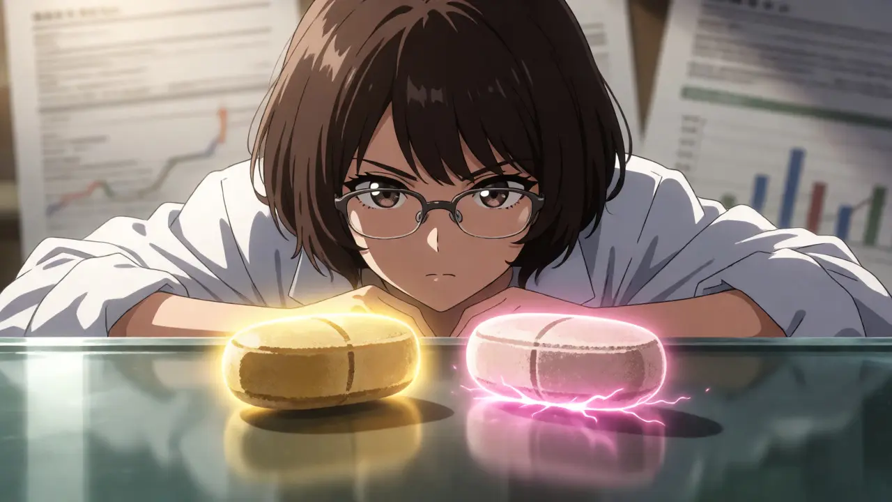 Anime girl comparing two pills with different energy auras