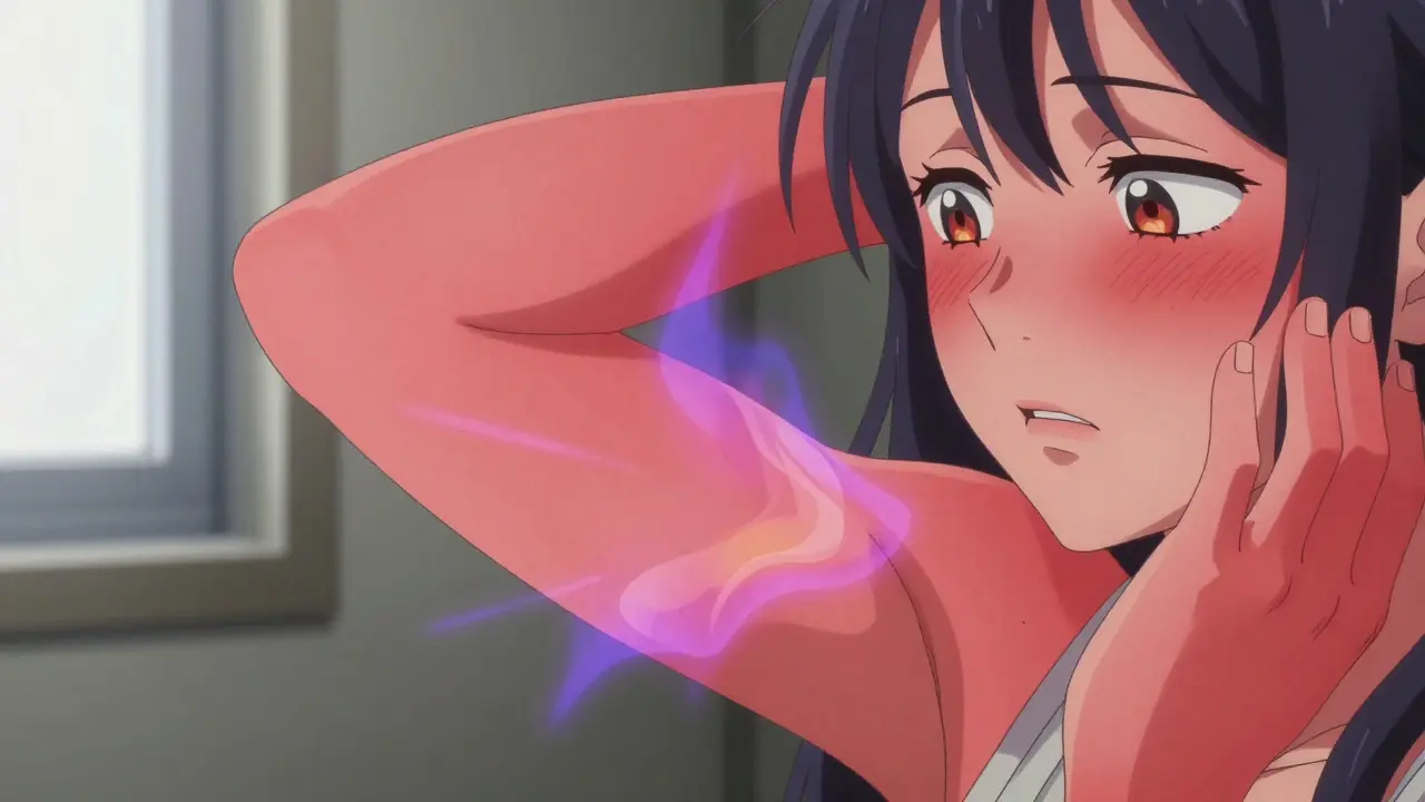Anime illustration of sunburned skin with abstract UVA rays
