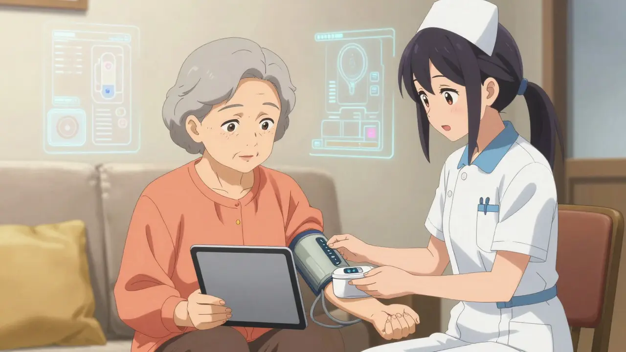 Anime nurse assisting an elderly woman with health monitoring in a home