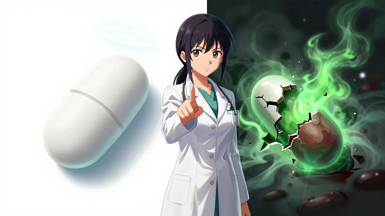 Anime pharmacist contrasting a safe glowing pill with a toxic fake one.