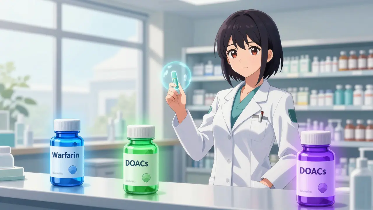 Anime pharmacist holding three different anticoagulant medication bottles
