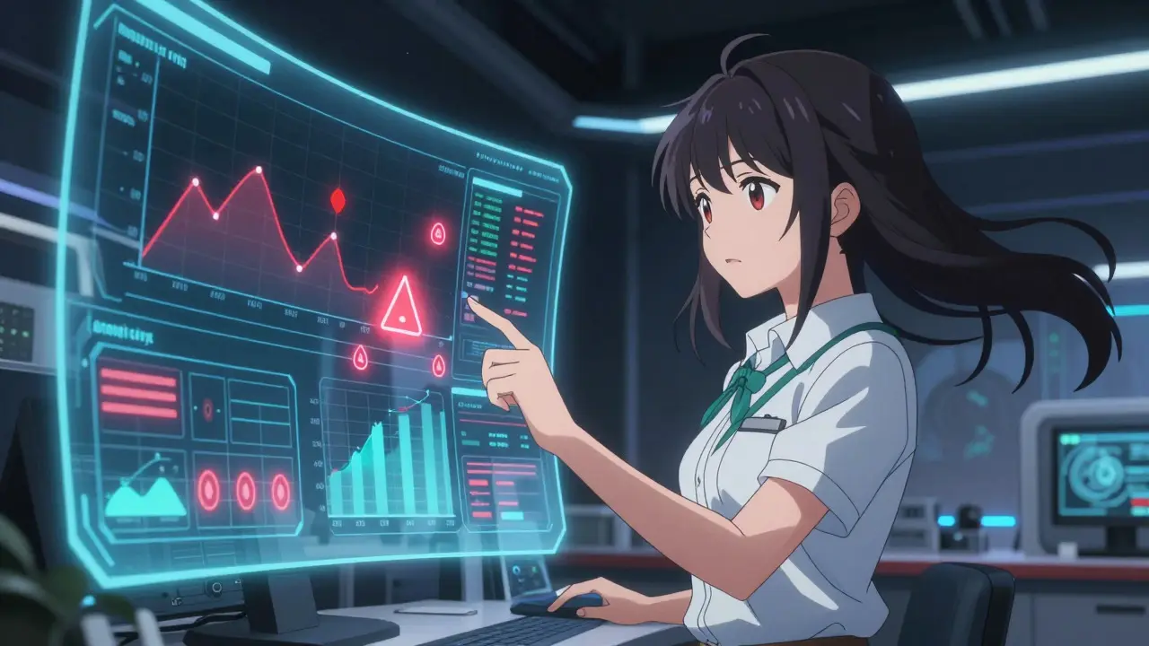 Anime style technician analyzing AI quality control data on a holographic screen