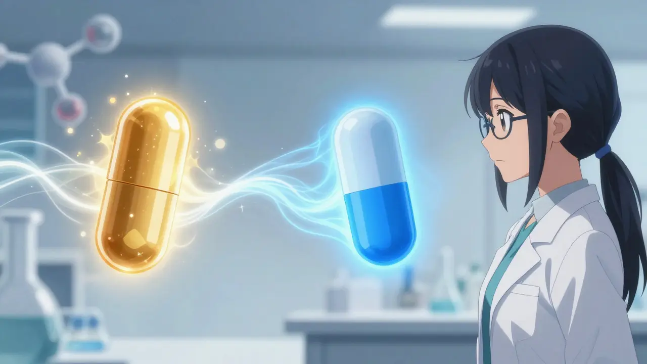 Anime-style visualization comparing brand and generic pills with synchronized energy flows in a lab setting.
