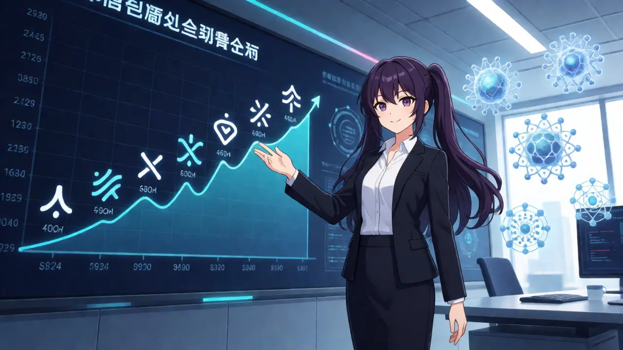 Anime woman presenting future pharma trends on a digital wall