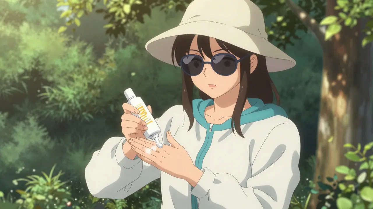 Bishoujo character applying sunscreen and wearing protective gear