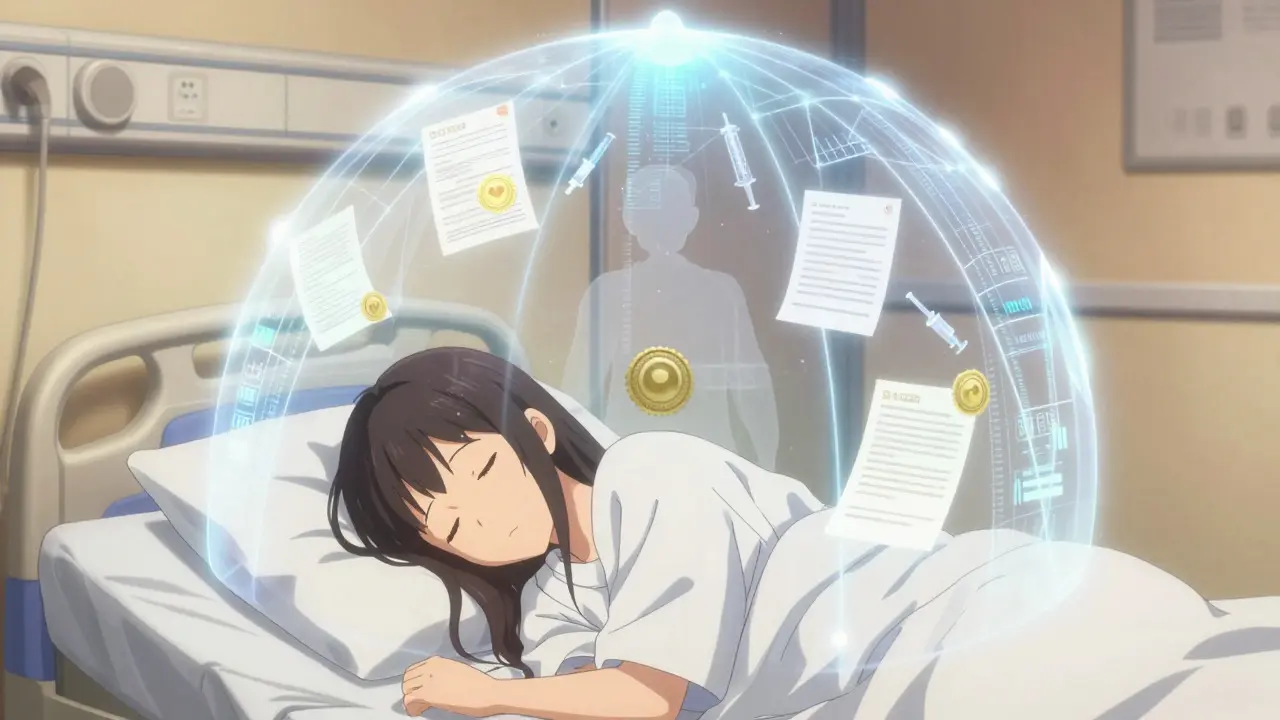 Bishoujo style illustration of a glowing data shield protecting a sleeping patient
