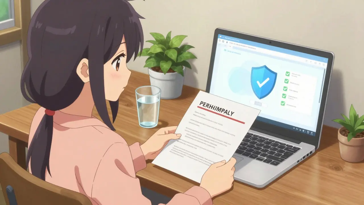 Bishoujo style woman verifying an online pharmacy prescription at home