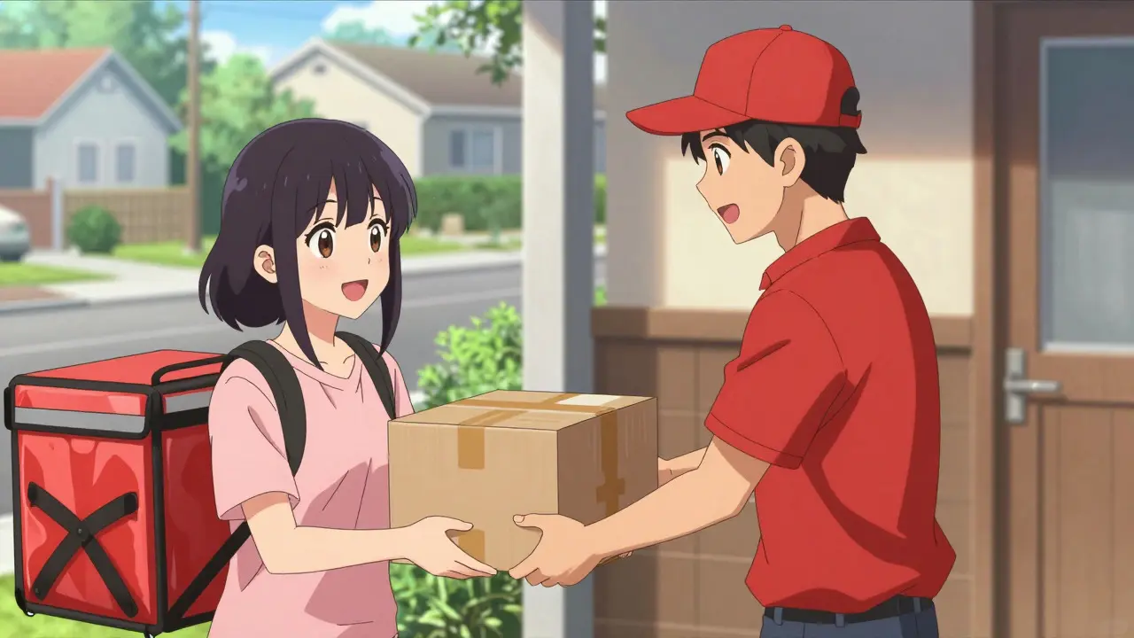 Delivery person handing medicine package to woman