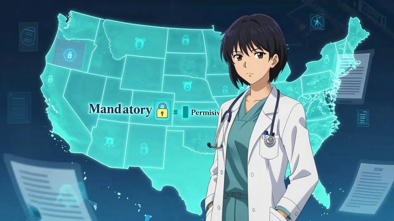 Doctor analyzing US map showing mandatory vs permissive substitution laws