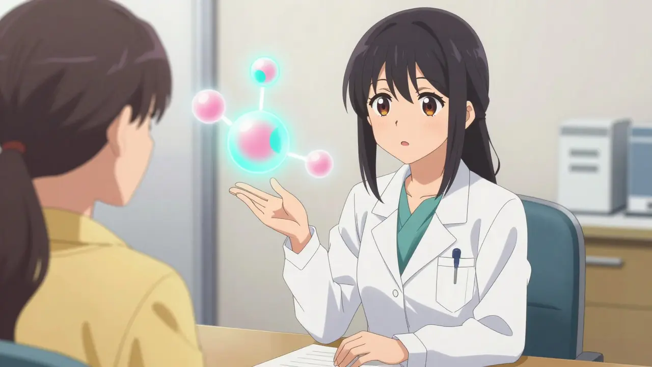 Doctor explaining dopamine therapy to a patient in a bright clinic