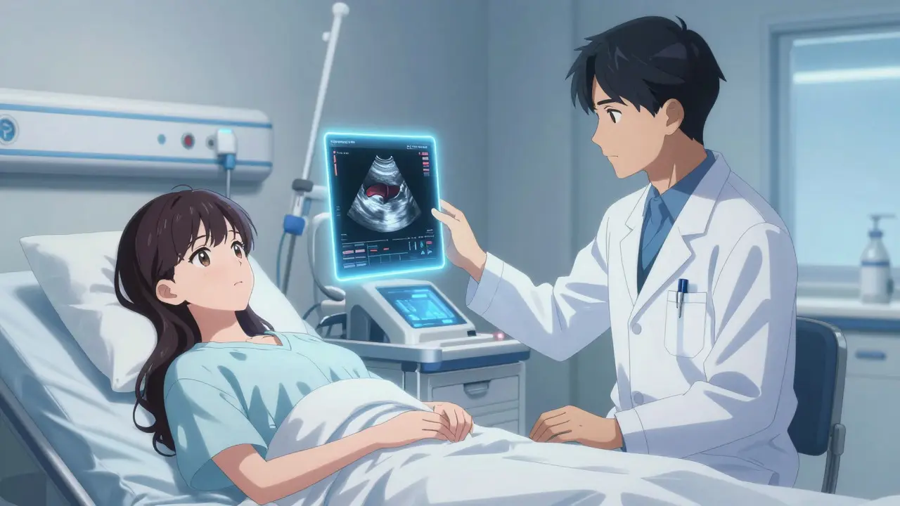 Doctor showing holographic ultrasound scan to patient in anime style