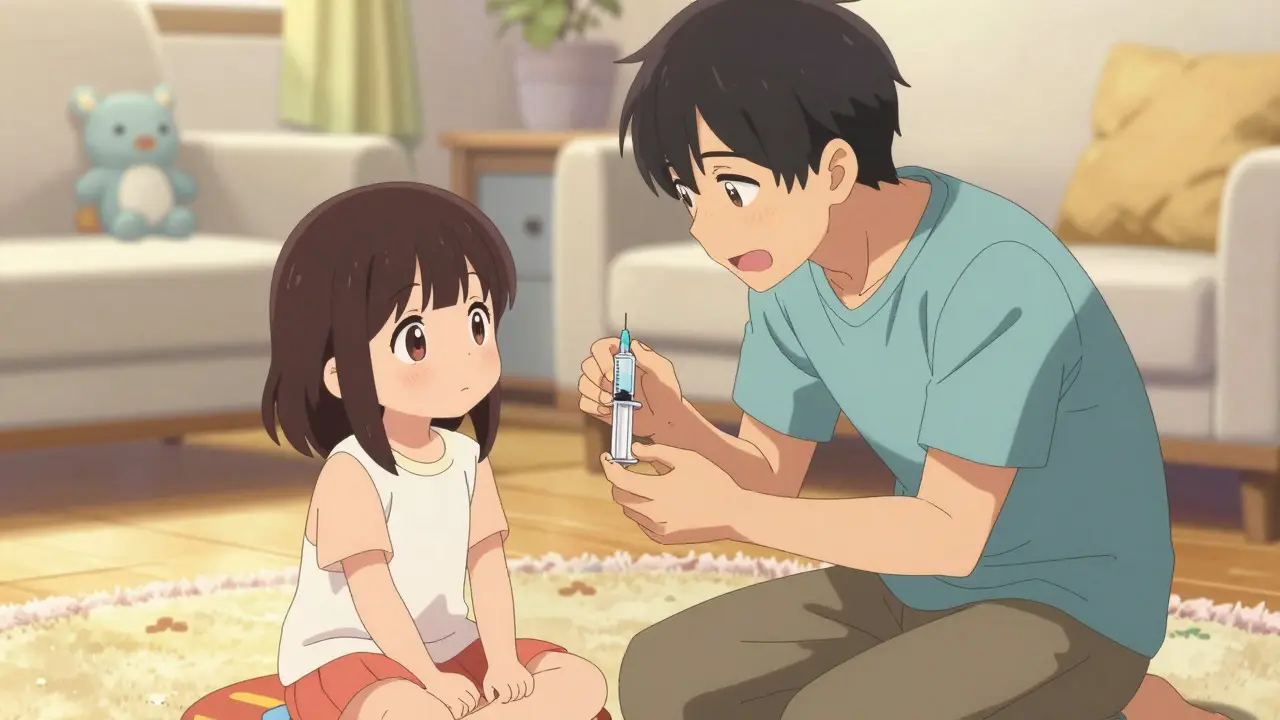 Parent explaining medicine safety to child using oral syringe