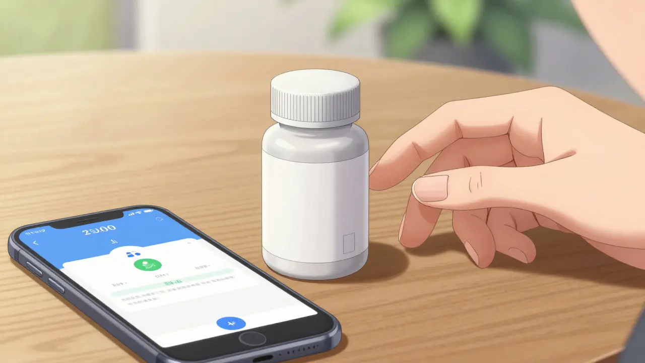 Prescription pill bottle and smartphone on table