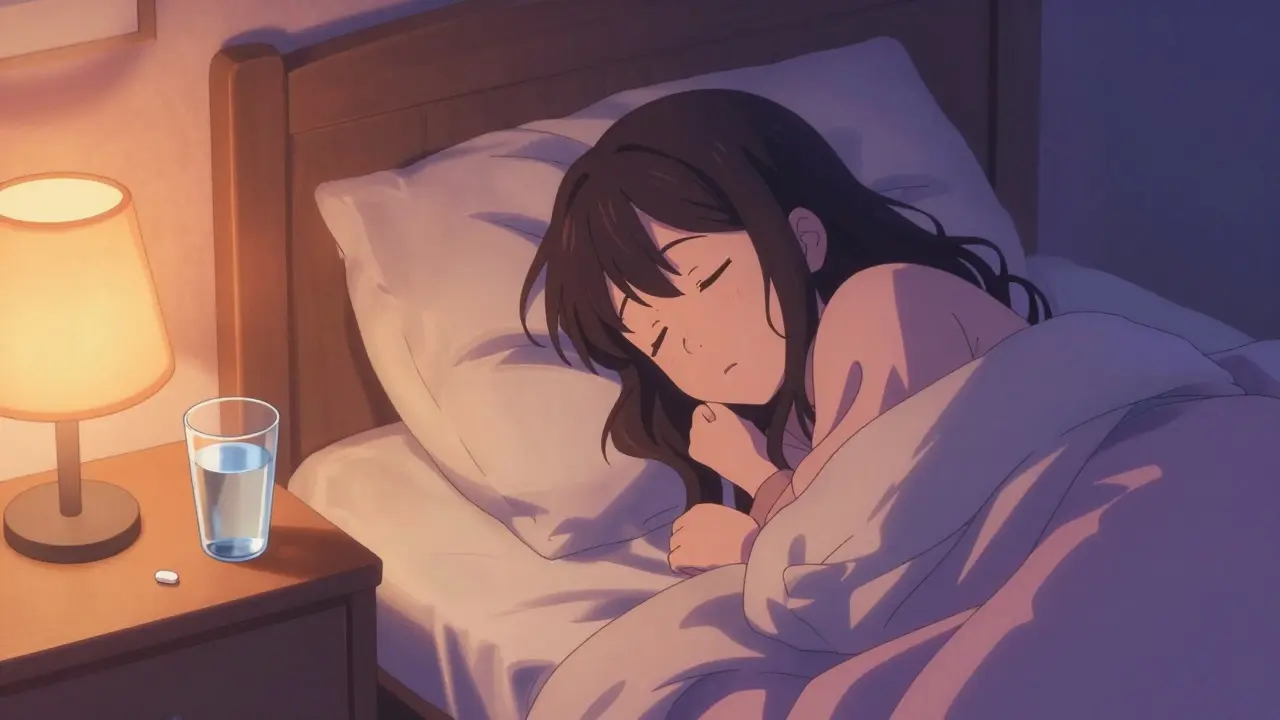 Relaxed woman sleeping peacefully with medication nearby