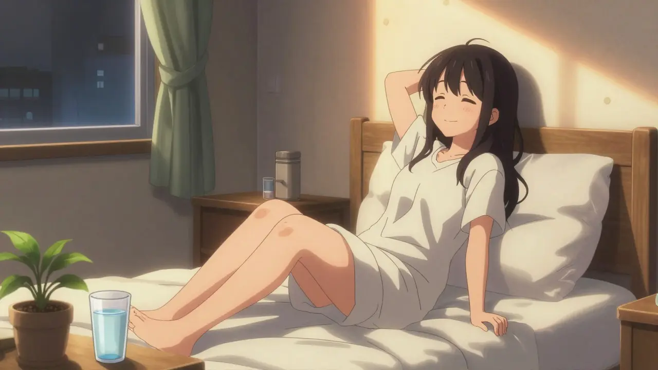Relieved anime girl waking up peacefully in a sunlit bedroom