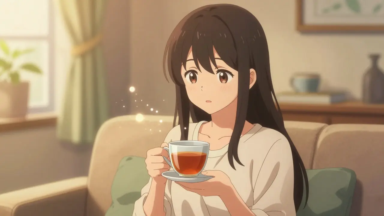 Serene bishoujo anime woman drinking tea in a warm, cozy room