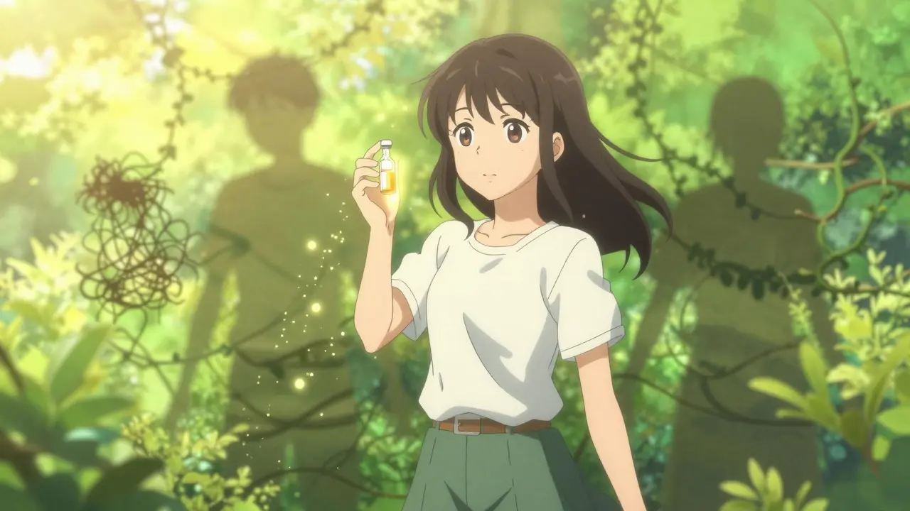 Woman holding glowing medicine with dissolving vines in background