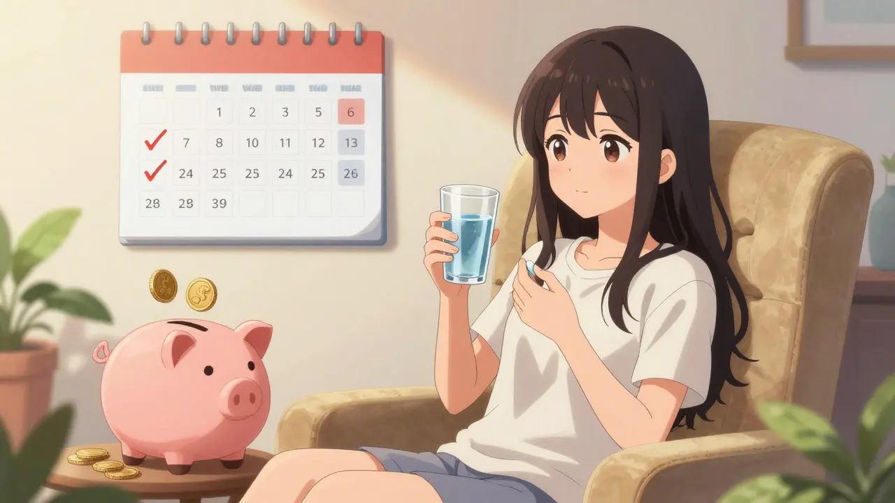 Woman taking pills with piggy bank showing savings