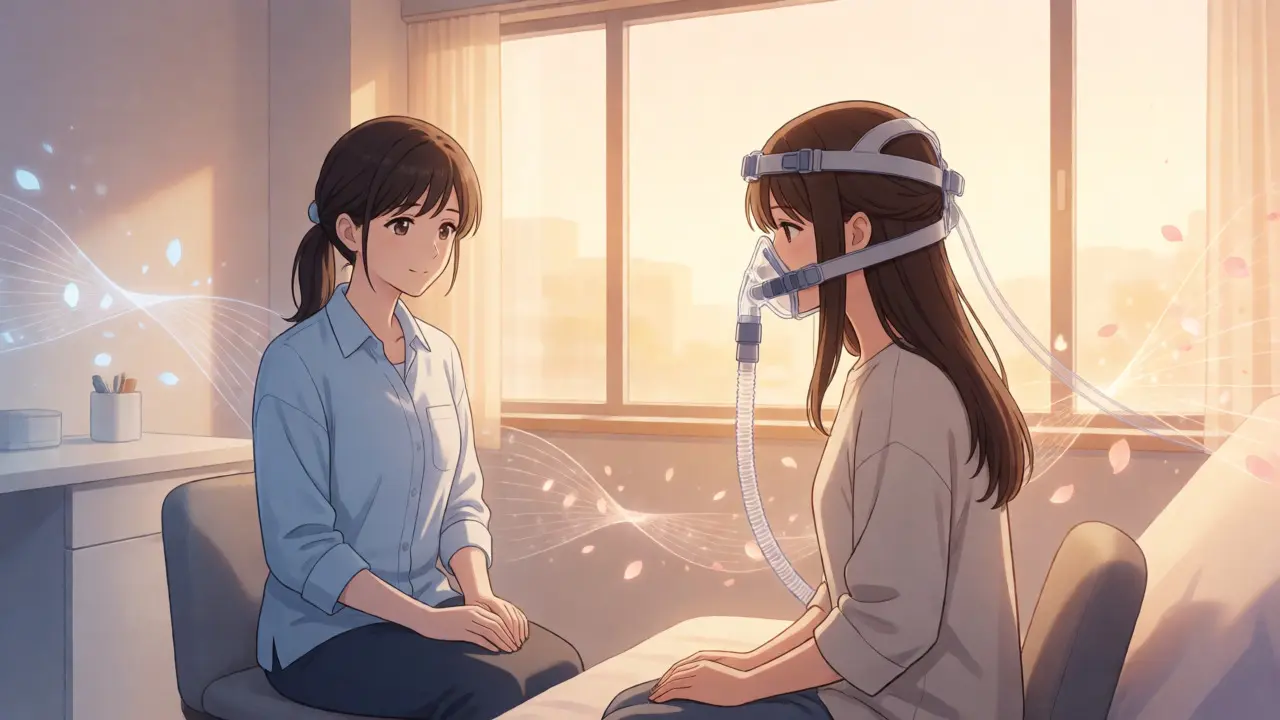 Anime therapist guiding a patient wearing a CPAP mask in a sunny room