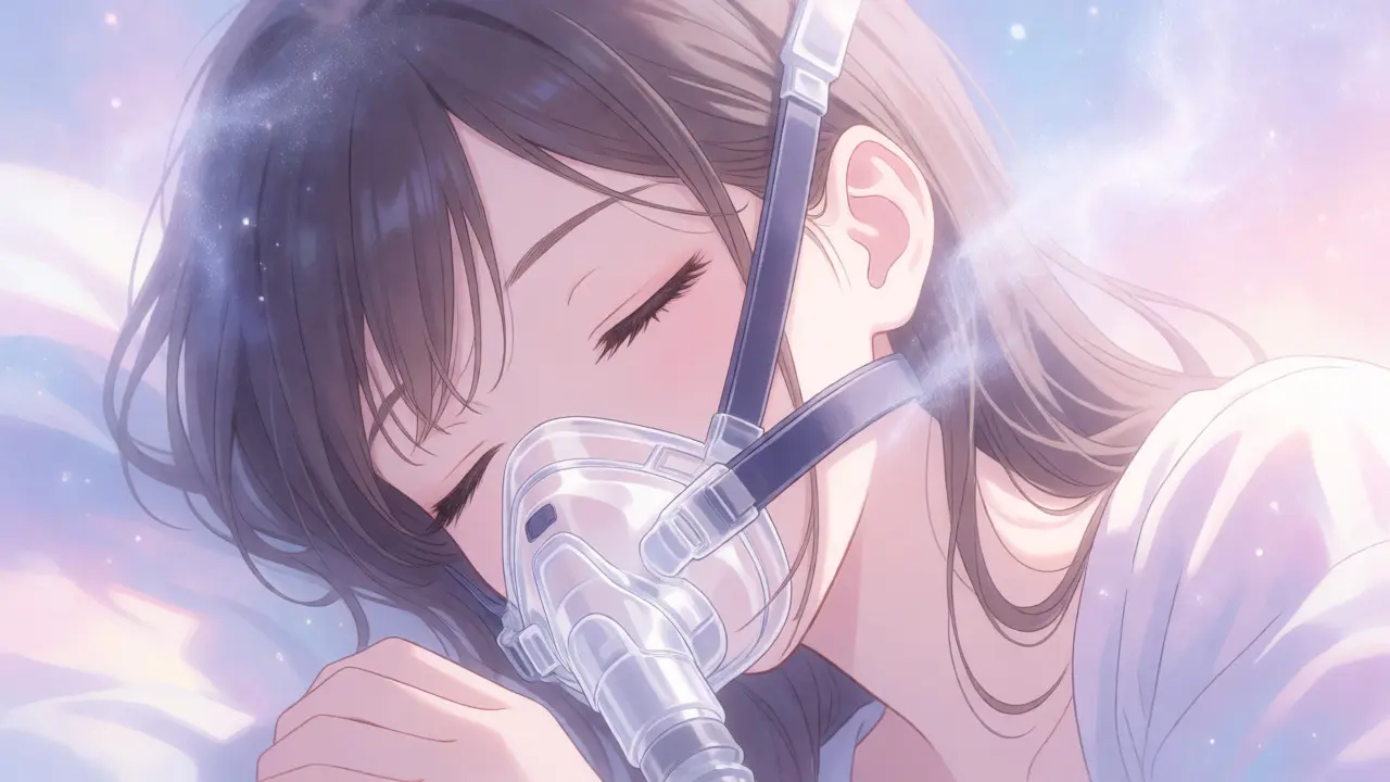 Peaceful anime girl sleeping soundly with a CPAP mask in a dreamy setting